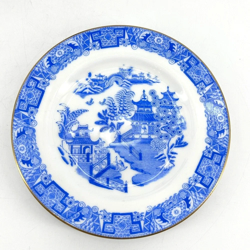 Royal Worcester Blue Willow Dessert Plate English China Pagoda Gold Rim 7